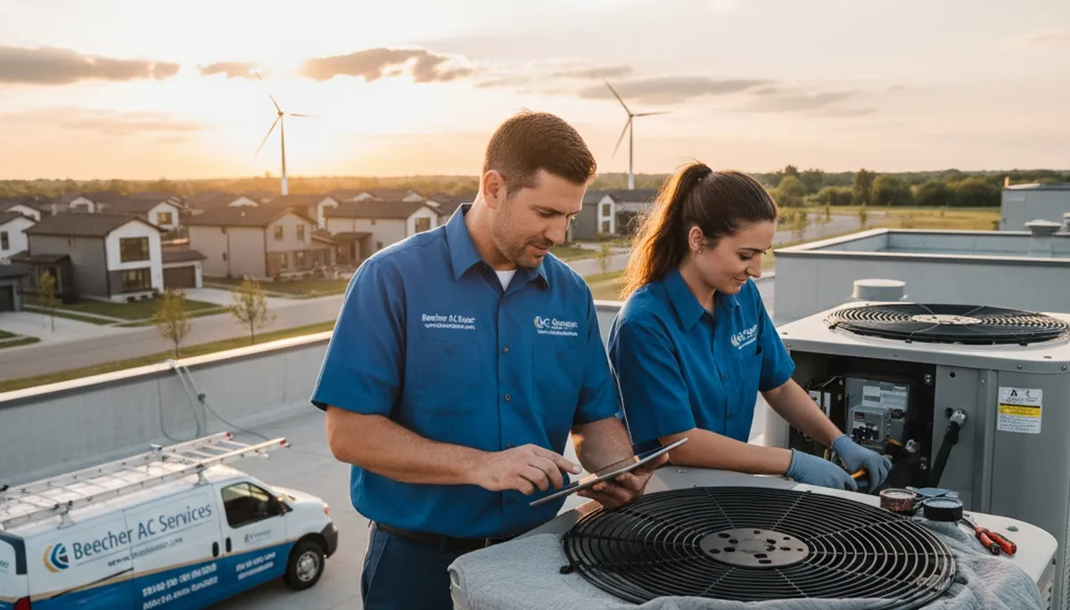 Professional AC repair technician servicing air conditioner unit in Chicago IL home