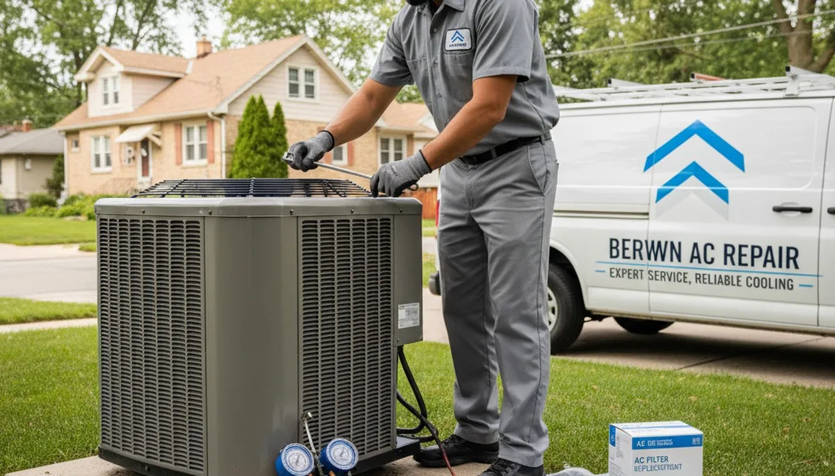 Professional AC repair technician servicing air conditioner unit in Chicago IL