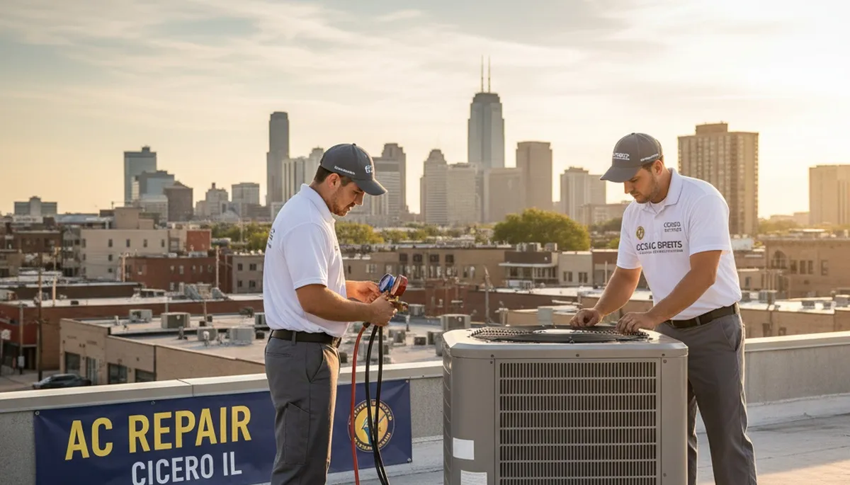 Professional AC repair technician servicing air conditioning unit in Chicago IL home