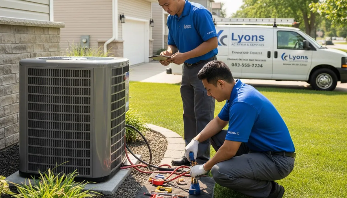 Professional AC repair technician servicing air conditioner unit in Chicago IL