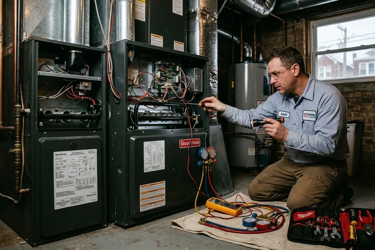 Technician performing residential furnace repair with tools in Chicago, IL for expert heating service