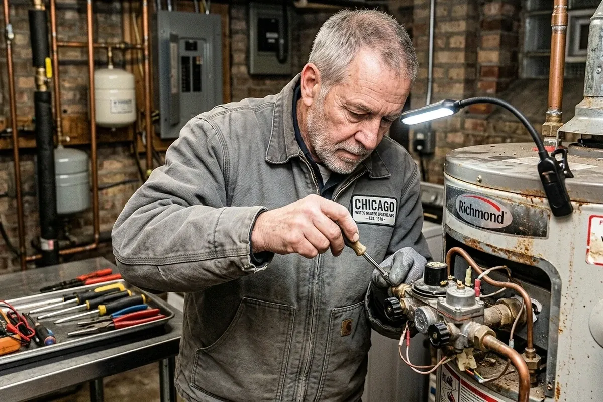 Chicago technician performing precise water heater repair work for reliable HVAC service